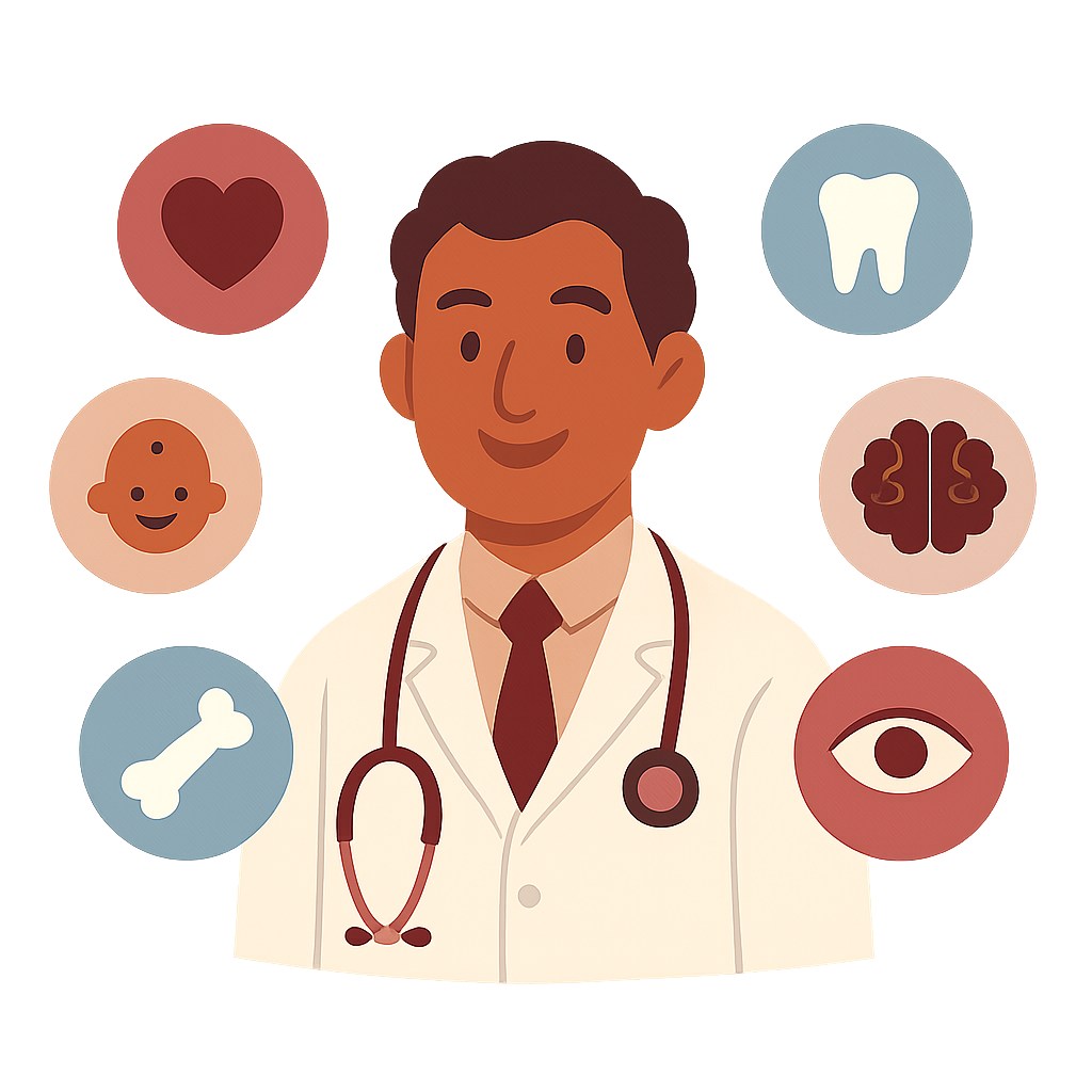 Ilustração de um médico cercado por ícones de especialidades